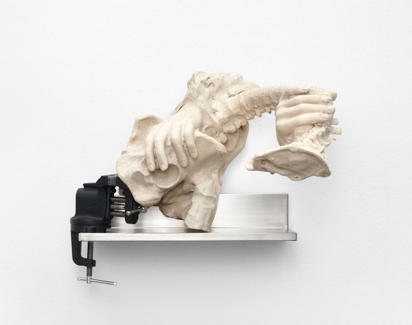 Posture Study sculpture 2023 acrylic marble dust fiberglass metal vice 33 50 44 cm